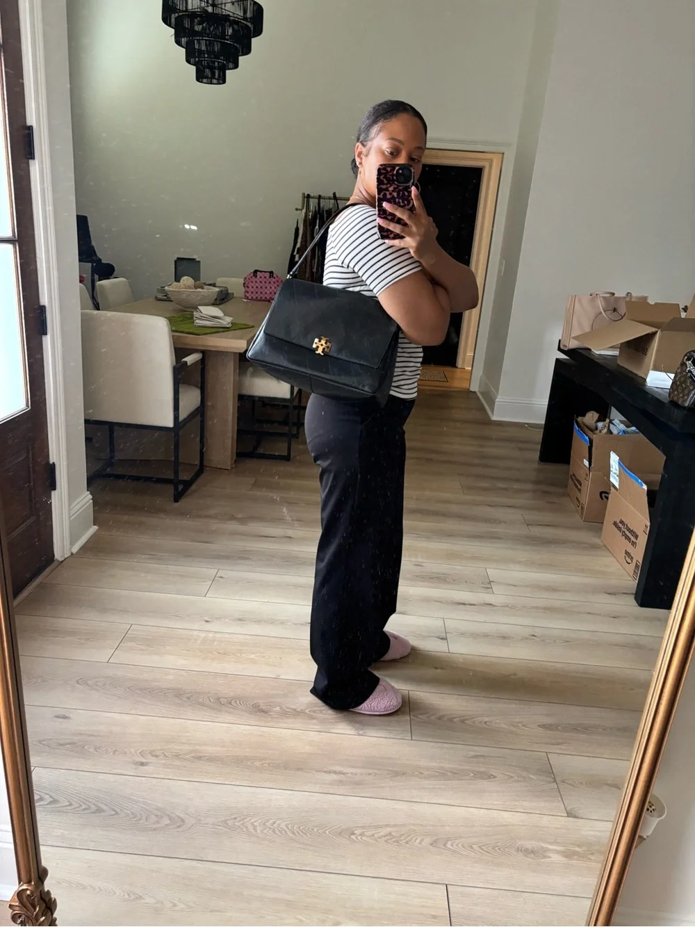 Tory Burch Black Quilted Leather Shoulder Bag with Gold Logo Hardware